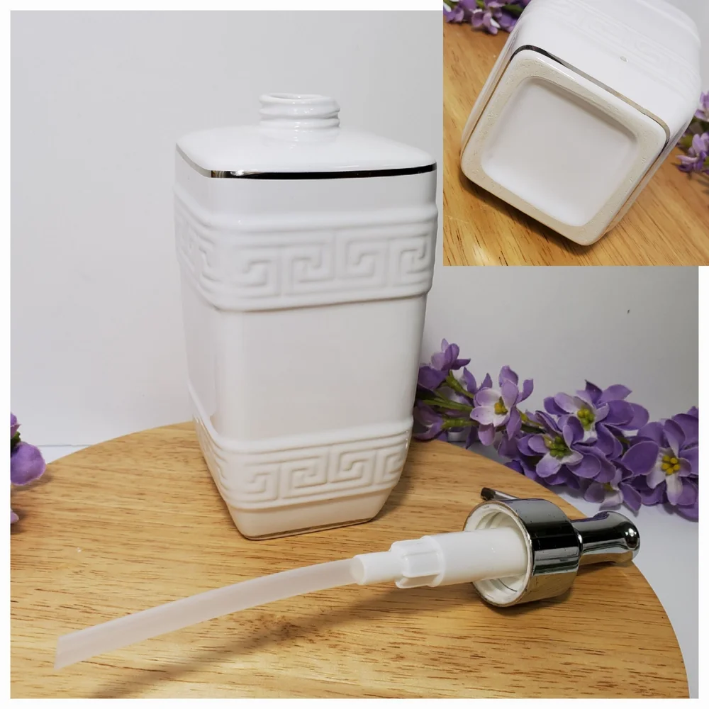 Home Ceramic Bath Accessories Classic White Silver Trim Greek Key 3 Bathroom Set